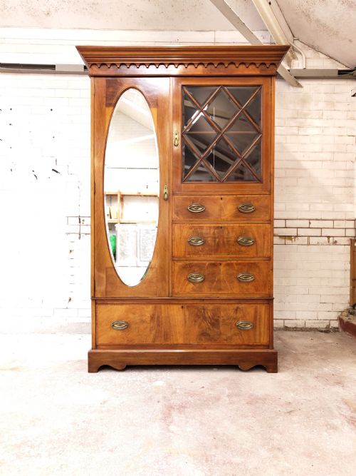 ANTIQUE EDWARDIAN SATIN MAHOGANY WARDROBE ARMOIRE COMPACTUM - ADDITIONAL PHOTO 11
