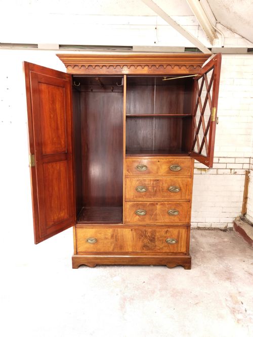 ANTIQUE EDWARDIAN SATIN MAHOGANY WARDROBE ARMOIRE COMPACTUM - ADDITIONAL PHOTO 13