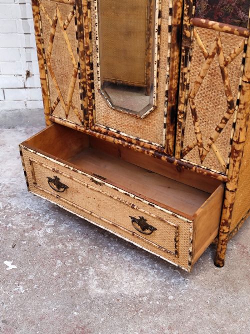 ANTIQUE VICTORIAN AESTHETIC MOVEMENT TIGER BAMBOO CANE CHINOISERIE SINGLE WARDROBE - ADDITIONAL PHOTO 7
