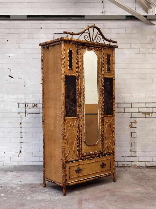 ANTIQUE VICTORIAN AESTHETIC MOVEMENT TIGER BAMBOO CANE CHINOISERIE SINGLE WARDROBE - ADDITIONAL PHOTO 1