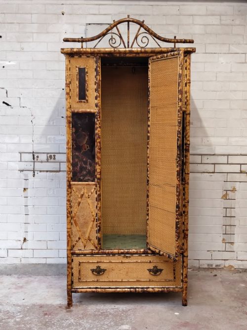 ANTIQUE VICTORIAN AESTHETIC MOVEMENT TIGER BAMBOO CANE CHINOISERIE SINGLE WARDROBE - ADDITIONAL PHOTO 3