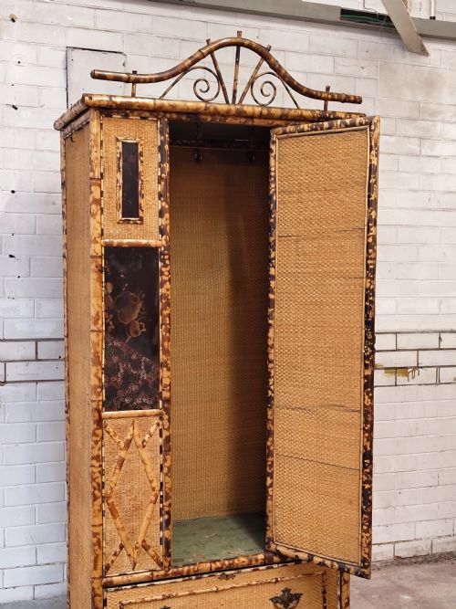 ANTIQUE VICTORIAN AESTHETIC MOVEMENT TIGER BAMBOO CANE CHINOISERIE SINGLE WARDROBE - ADDITIONAL PHOTO 4