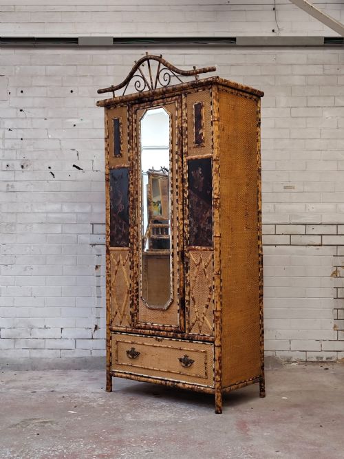 antique victorian aesthetic movement tiger bamboo cane chinoiserie single wardrobe - CATEGORY: ANTIQUE WARDROBES - DATED VICTORIAN