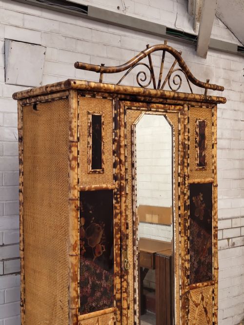 ANTIQUE VICTORIAN AESTHETIC MOVEMENT TIGER BAMBOO CANE CHINOISERIE SINGLE WARDROBE - ADDITIONAL PHOTO 12