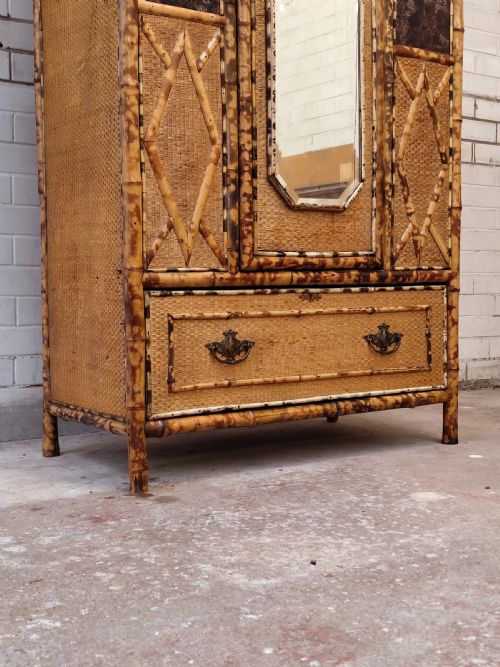 ANTIQUE VICTORIAN AESTHETIC MOVEMENT TIGER BAMBOO CANE CHINOISERIE SINGLE WARDROBE - ADDITIONAL PHOTO 14