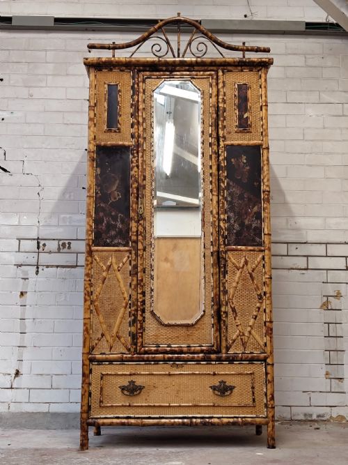 ANTIQUE VICTORIAN AESTHETIC MOVEMENT TIGER BAMBOO CANE CHINOISERIE SINGLE WARDROBE - ADDITIONAL PHOTO 17