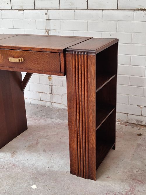 ANTIQUE ART DECO SOLID OAK GEOMETRIC WRITING OFFICE WORK DESK - ADDITIONAL PHOTO 1