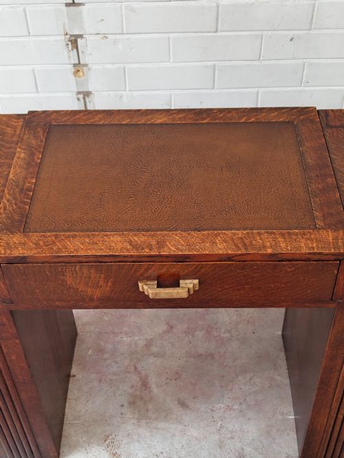 ANTIQUE ART DECO SOLID OAK GEOMETRIC WRITING OFFICE WORK DESK - ADDITIONAL PHOTO 4