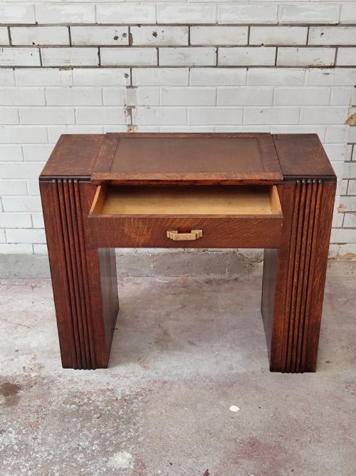 ANTIQUE ART DECO SOLID OAK GEOMETRIC WRITING OFFICE WORK DESK - ADDITIONAL PHOTO 9