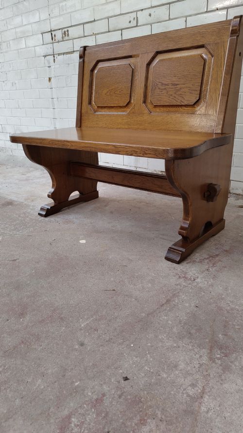 ANTIQUE ARTS CRAFTS TWO SEATER GOLDEN OAK SETTLE BENCH - ADDITIONAL PHOTO 2