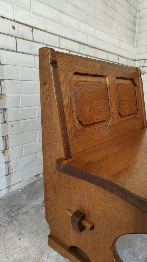 ANTIQUE ARTS CRAFTS TWO SEATER GOLDEN OAK SETTLE BENCH - ADDITIONAL PHOTO 4