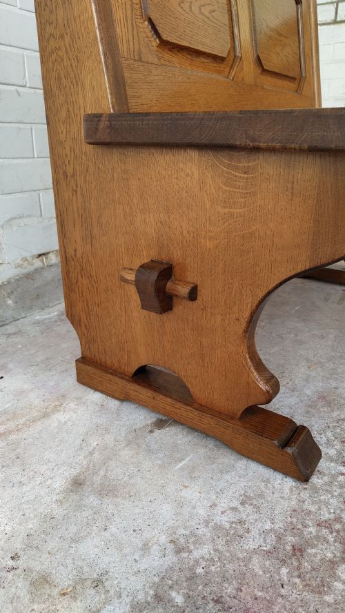 ANTIQUE ARTS CRAFTS TWO SEATER GOLDEN OAK SETTLE BENCH - ADDITIONAL PHOTO 11