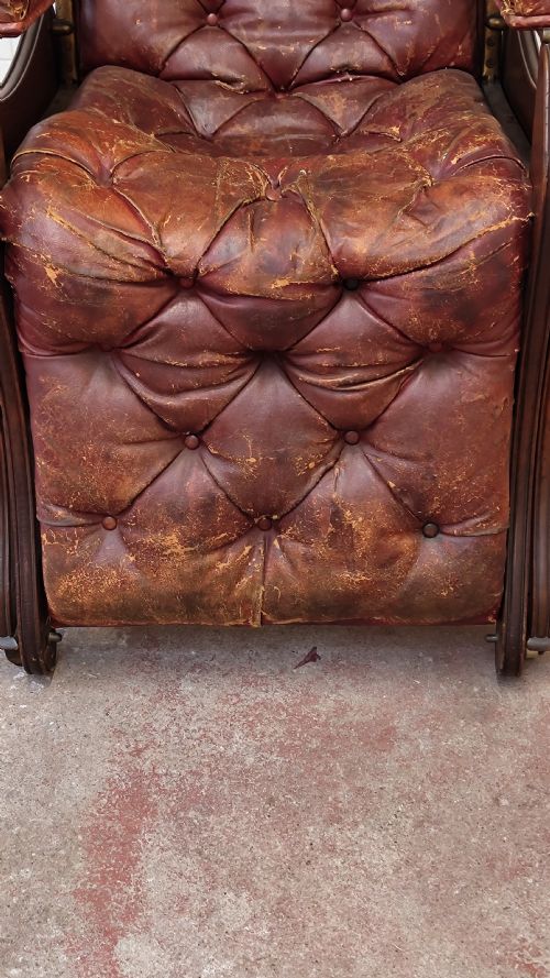 ANTIQUE VICTORIAN OAK READING RECLINING ARMCHAIR IN ORIGINAL MOROCCAN DISTRESSED LEATHER BY JAS SHOOLBRED - ADDITIONAL PHOTO 13