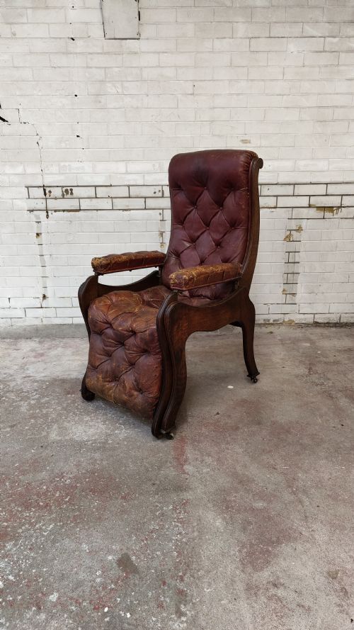 ANTIQUE VICTORIAN OAK READING RECLINING ARMCHAIR IN ORIGINAL MOROCCAN DISTRESSED LEATHER BY JAS SHOOLBRED - ADDITIONAL PHOTO 1