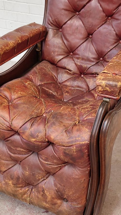 ANTIQUE VICTORIAN OAK READING RECLINING ARMCHAIR IN ORIGINAL MOROCCAN DISTRESSED LEATHER BY JAS SHOOLBRED - ADDITIONAL PHOTO 2
