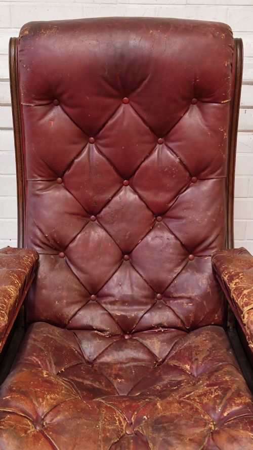 ANTIQUE VICTORIAN OAK READING RECLINING ARMCHAIR IN ORIGINAL MOROCCAN DISTRESSED LEATHER BY JAS SHOOLBRED - ADDITIONAL PHOTO 3