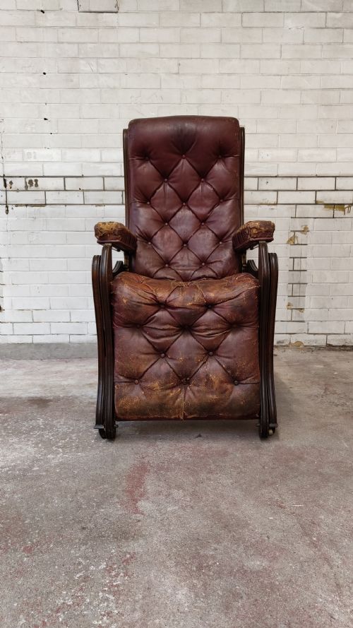 ANTIQUE VICTORIAN OAK READING RECLINING ARMCHAIR IN ORIGINAL MOROCCAN DISTRESSED LEATHER BY JAS SHOOLBRED - ADDITIONAL PHOTO 5