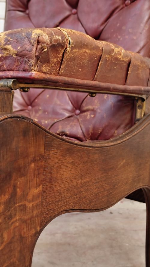 ANTIQUE VICTORIAN OAK READING RECLINING ARMCHAIR IN ORIGINAL MOROCCAN DISTRESSED LEATHER BY JAS SHOOLBRED - ADDITIONAL PHOTO 8
