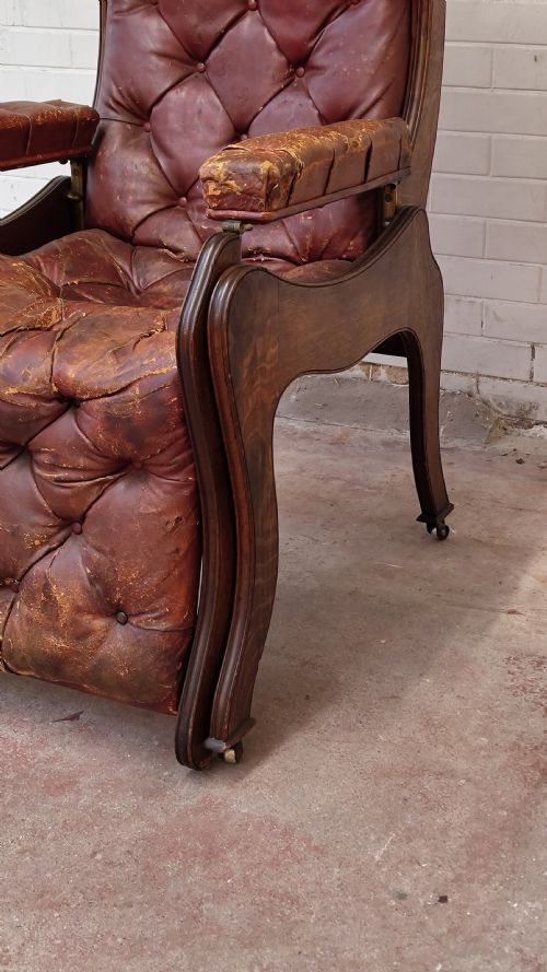 ANTIQUE VICTORIAN OAK READING RECLINING ARMCHAIR IN ORIGINAL MOROCCAN DISTRESSED LEATHER BY JAS SHOOLBRED - ADDITIONAL PHOTO 10