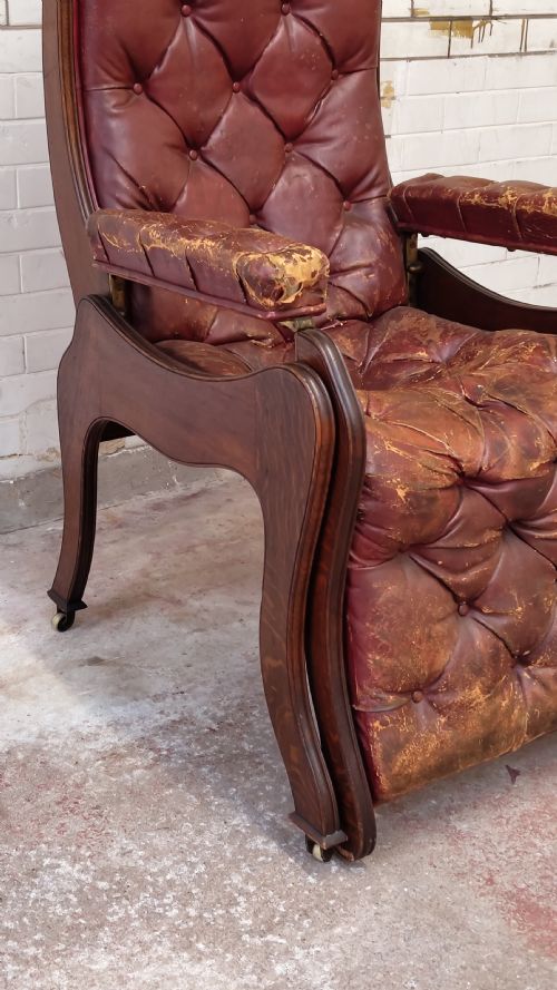 ANTIQUE VICTORIAN OAK READING RECLINING ARMCHAIR IN ORIGINAL MOROCCAN DISTRESSED LEATHER BY JAS SHOOLBRED - ADDITIONAL PHOTO 11