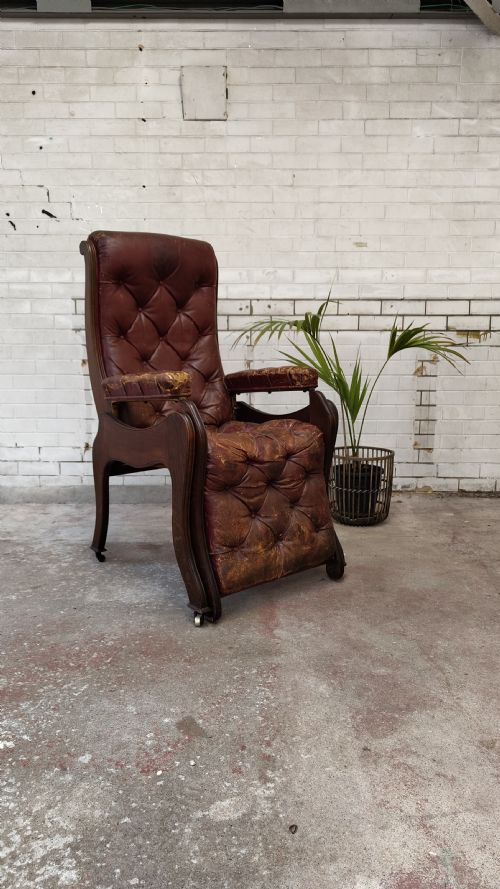ANTIQUE VICTORIAN OAK READING RECLINING ARMCHAIR IN ORIGINAL MOROCCAN DISTRESSED LEATHER BY JAS SHOOLBRED - ADDITIONAL PHOTO 14