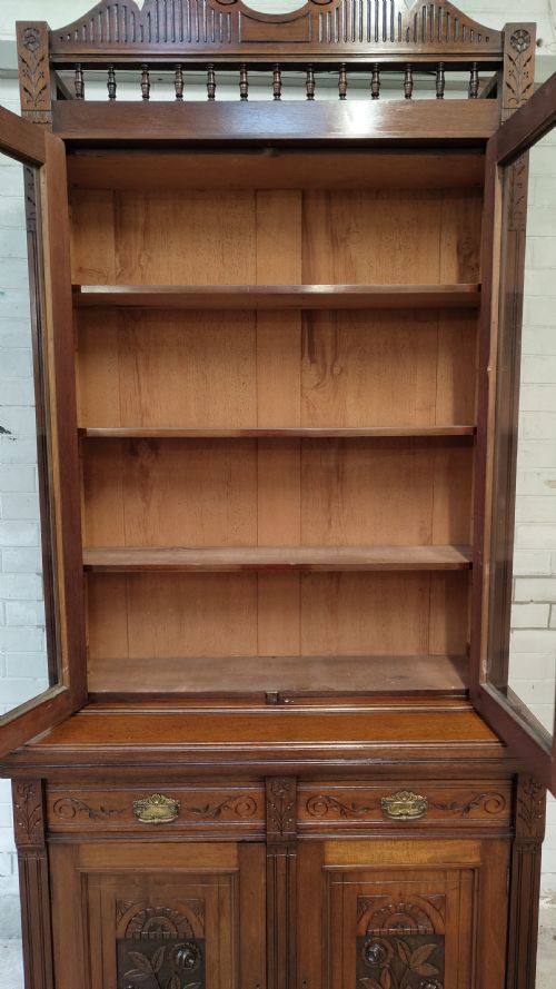 ANTIQUE EDWARDIAN ART NOVEAU WALNUT BOOKCASE ON CUPBOARD - ADDITIONAL PHOTO 7