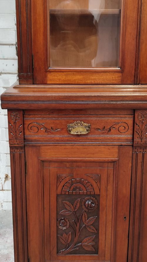 ANTIQUE EDWARDIAN ART NOVEAU WALNUT BOOKCASE ON CUPBOARD - ADDITIONAL PHOTO 4