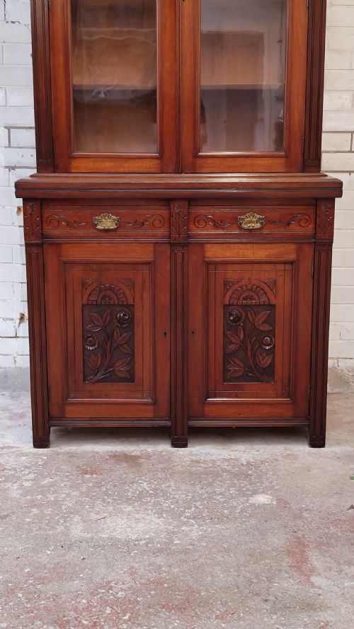 ANTIQUE EDWARDIAN ART NOVEAU WALNUT BOOKCASE ON CUPBOARD - ADDITIONAL PHOTO 6