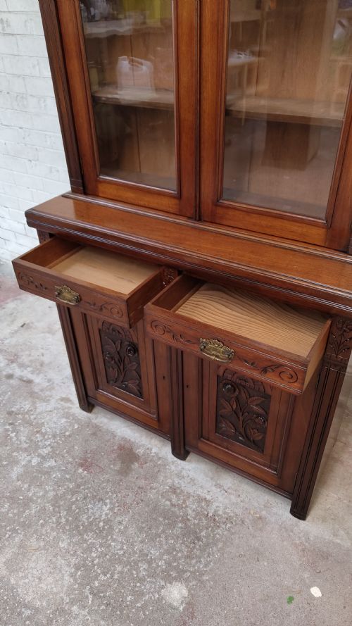 ANTIQUE EDWARDIAN ART NOVEAU WALNUT BOOKCASE ON CUPBOARD - ADDITIONAL PHOTO 12