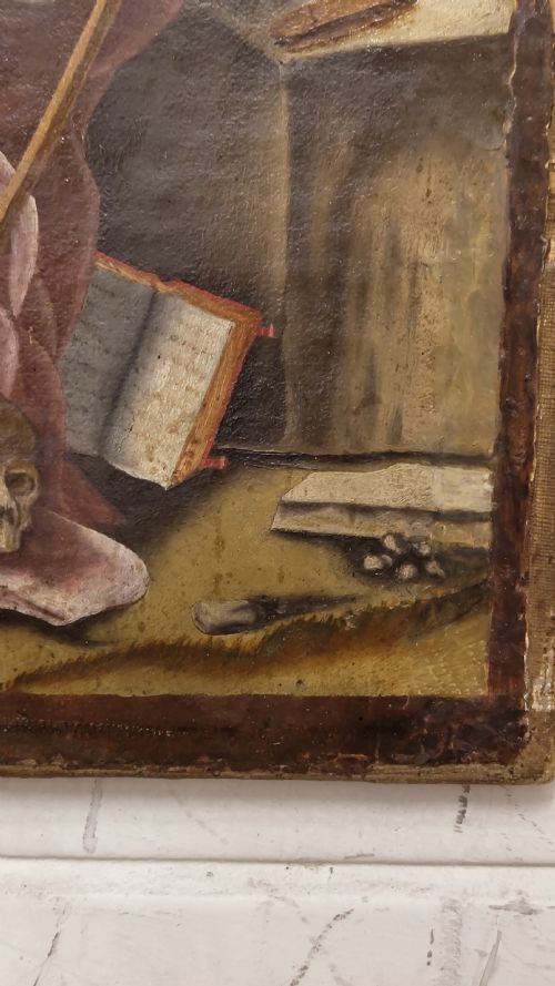 DIMINUTIVE LATE 17TH CENTURY OLD MASTER OIL PAINTING ON LEATHER - ADDITIONAL PHOTO 7