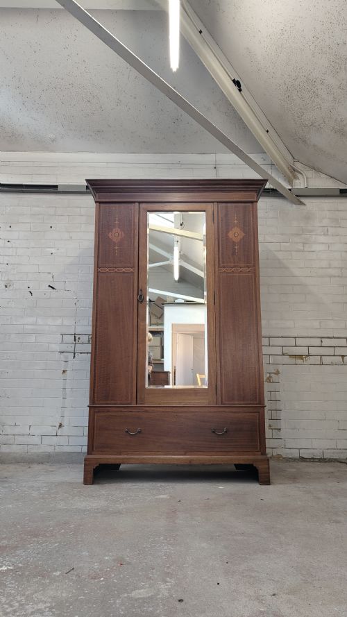 ANTIQUE EDWARDIAN INLAID MAHOGANY SINGLE HALL WARDROBE - ADDITIONAL PHOTO 4