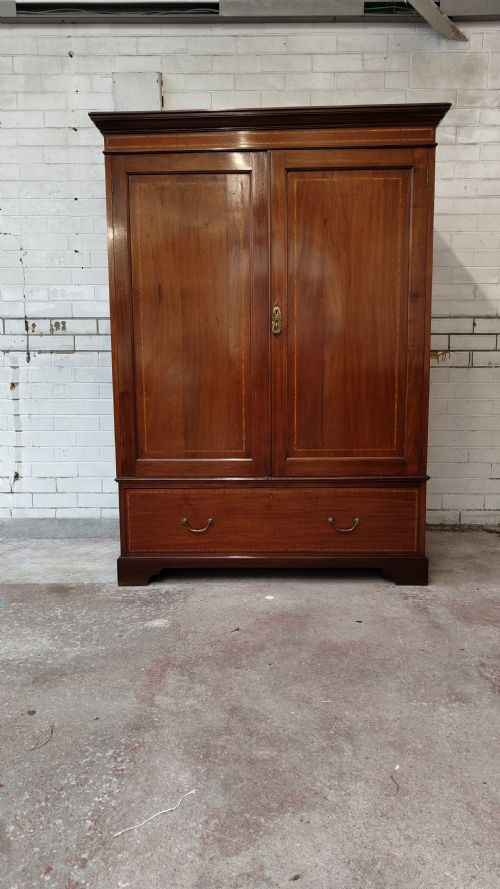 DIMINUTIVE ANTIQUE EDWARDIAN INLAID SATIN MAHOGANY DOUBLE WARDROBE ARMOIRE COMPACTUM - ADDITIONAL PHOTO 14