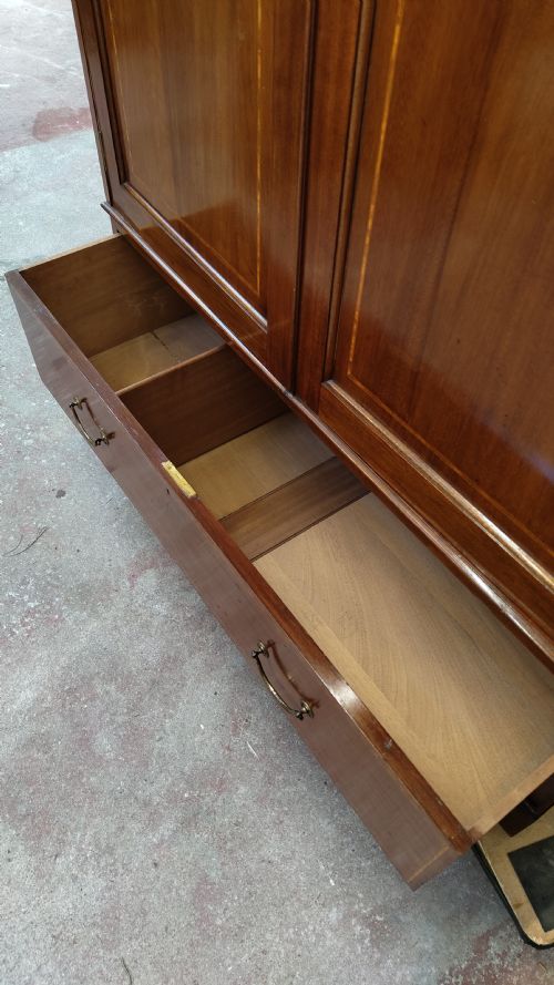 DIMINUTIVE ANTIQUE EDWARDIAN INLAID SATIN MAHOGANY DOUBLE WARDROBE ARMOIRE COMPACTUM - ADDITIONAL PHOTO 1