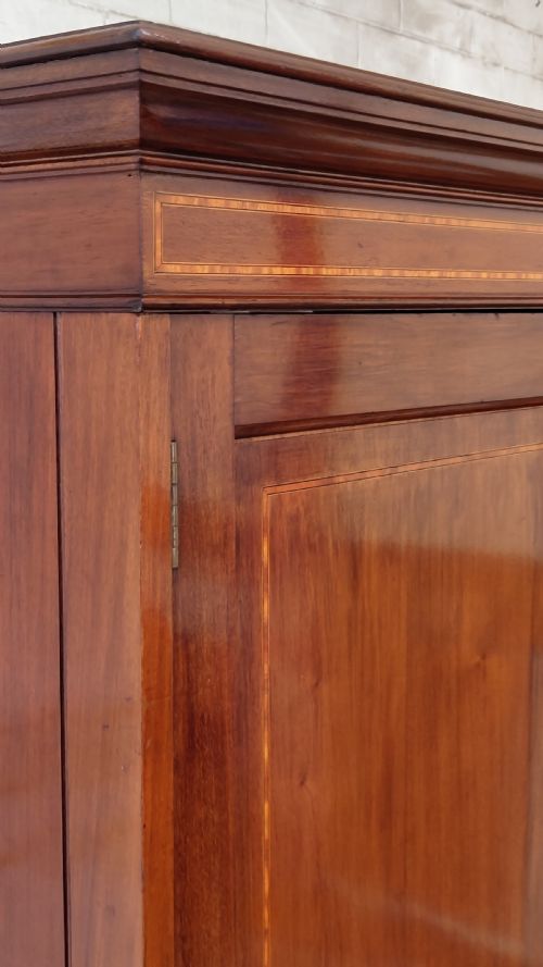 DIMINUTIVE ANTIQUE EDWARDIAN INLAID SATIN MAHOGANY DOUBLE WARDROBE ARMOIRE COMPACTUM - ADDITIONAL PHOTO 2