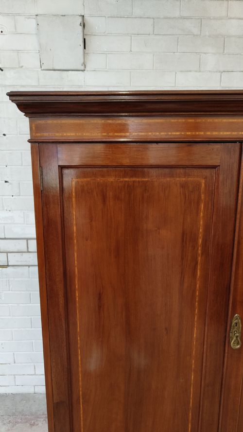 DIMINUTIVE ANTIQUE EDWARDIAN INLAID SATIN MAHOGANY DOUBLE WARDROBE ARMOIRE COMPACTUM - ADDITIONAL PHOTO 3