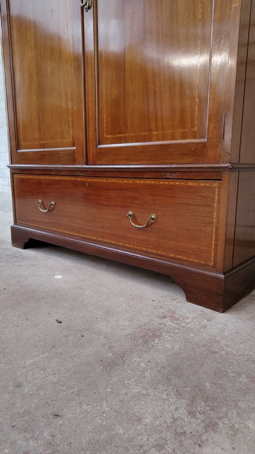 DIMINUTIVE ANTIQUE EDWARDIAN INLAID SATIN MAHOGANY DOUBLE WARDROBE ARMOIRE COMPACTUM - ADDITIONAL PHOTO 5