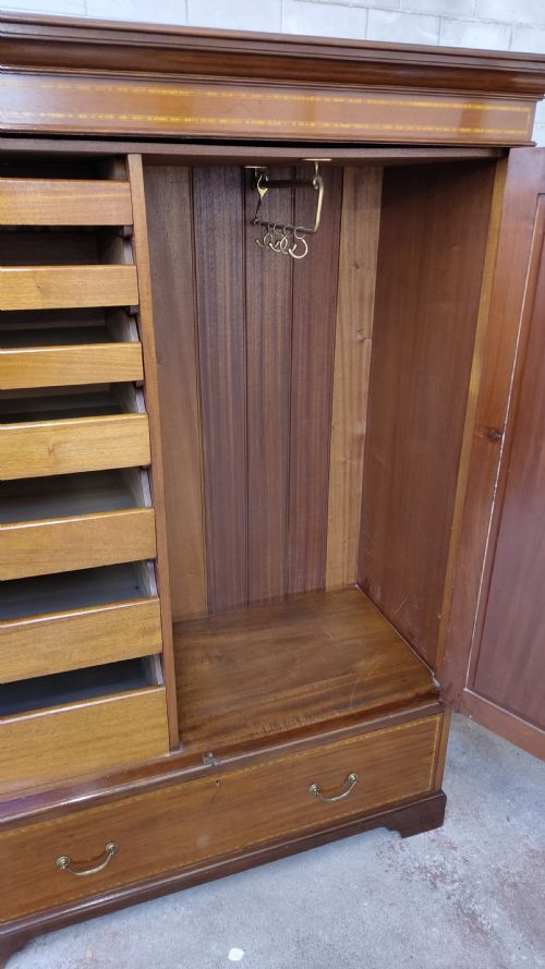 DIMINUTIVE ANTIQUE EDWARDIAN INLAID SATIN MAHOGANY DOUBLE WARDROBE ARMOIRE COMPACTUM - ADDITIONAL PHOTO 6