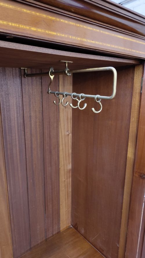 DIMINUTIVE ANTIQUE EDWARDIAN INLAID SATIN MAHOGANY DOUBLE WARDROBE ARMOIRE COMPACTUM - ADDITIONAL PHOTO 7