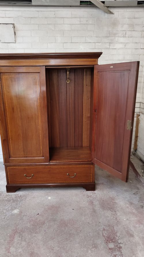 DIMINUTIVE ANTIQUE EDWARDIAN INLAID SATIN MAHOGANY DOUBLE WARDROBE ARMOIRE COMPACTUM - ADDITIONAL PHOTO 8