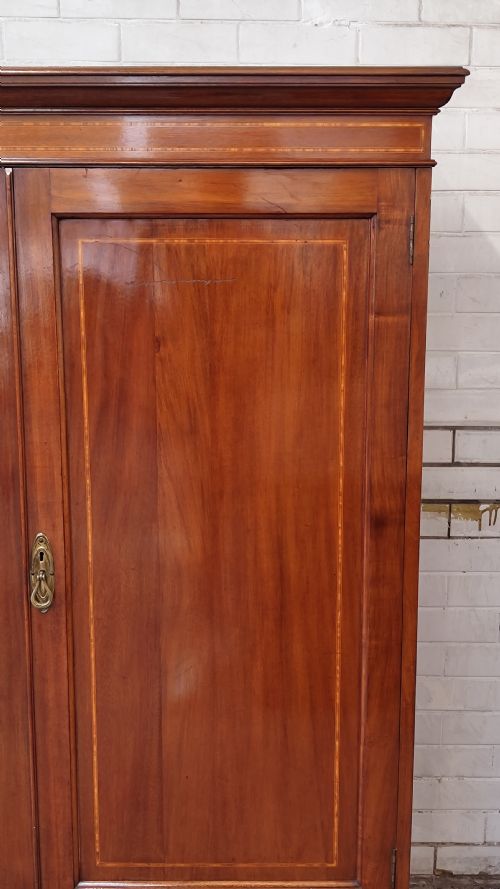 DIMINUTIVE ANTIQUE EDWARDIAN INLAID SATIN MAHOGANY DOUBLE WARDROBE ARMOIRE COMPACTUM - ADDITIONAL PHOTO 9