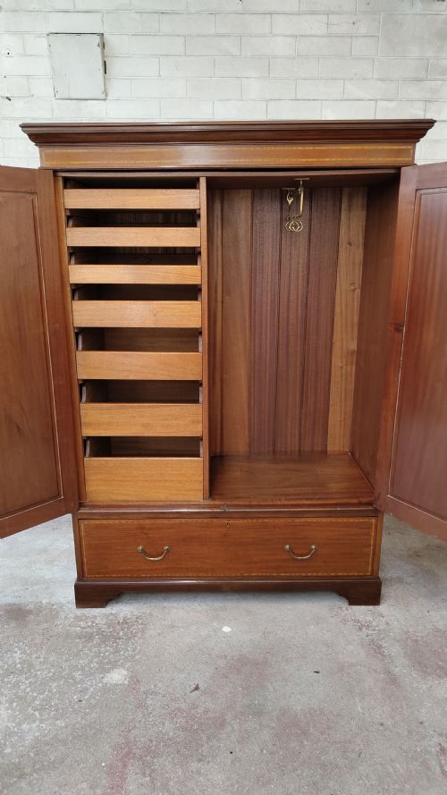 DIMINUTIVE ANTIQUE EDWARDIAN INLAID SATIN MAHOGANY DOUBLE WARDROBE ARMOIRE COMPACTUM - ADDITIONAL PHOTO 10