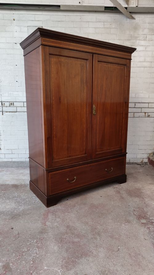 DIMINUTIVE ANTIQUE EDWARDIAN INLAID SATIN MAHOGANY DOUBLE WARDROBE ARMOIRE COMPACTUM - ADDITIONAL PHOTO 13