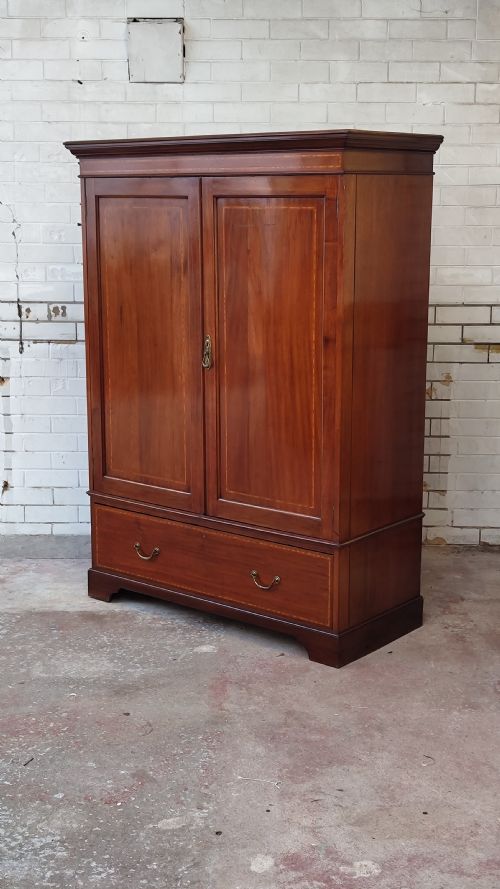 diminutive antique edwardian inlaid satin mahogany double wardrobe armoire compactum - CATEGORY: ANTIQUE WARDROBES - DATED 1900