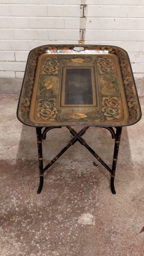 ANTIQUE REGENCY PERIOD TOLE WARE TRAY COFFEE TABLE ON STAND - ADDITIONAL PHOTO 6