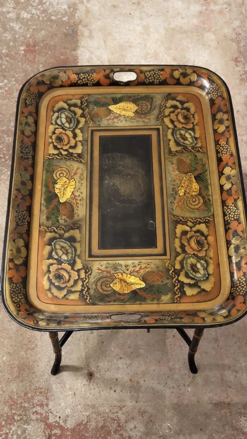 ANTIQUE REGENCY PERIOD TOLE WARE TRAY COFFEE TABLE ON STAND - ADDITIONAL PHOTO 7