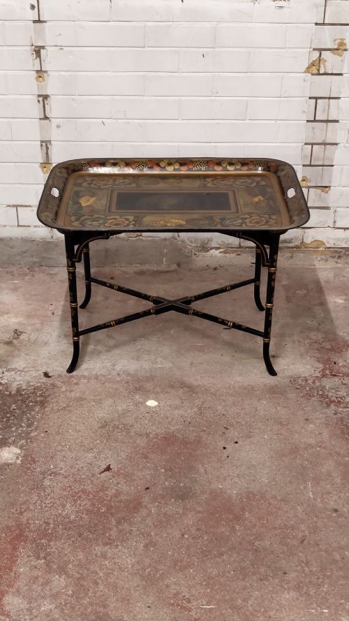 ANTIQUE REGENCY PERIOD TOLE WARE TRAY COFFEE TABLE ON STAND - ADDITIONAL PHOTO 17