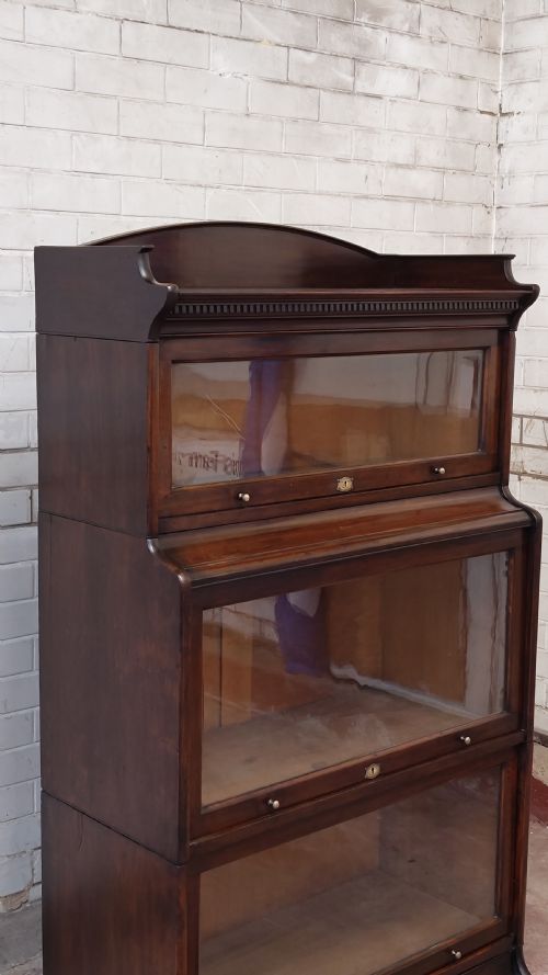 ANTIQUE VICTORIAN MAHOGANY GLAZED BARRISTERS 3 SECTIONAL STACKING WATERFALL BOOKCASE BY LEBUS - ADDITIONAL PHOTO 1