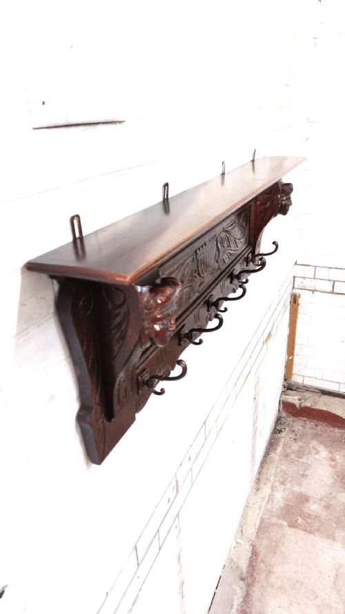 ANTIQUE VICTORIAN CARVED OAK FLEMISH COAT RACK - ADDITIONAL PHOTO 2