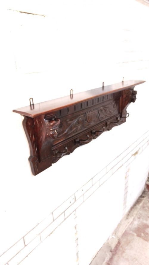 ANTIQUE VICTORIAN CARVED OAK FLEMISH COAT RACK - ADDITIONAL PHOTO 5