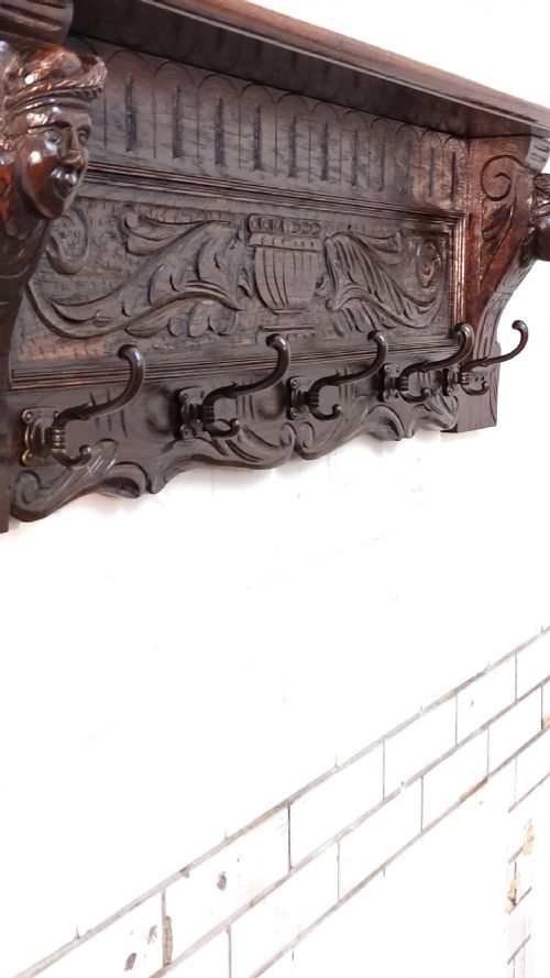 ANTIQUE VICTORIAN CARVED OAK FLEMISH COAT RACK - ADDITIONAL PHOTO 6